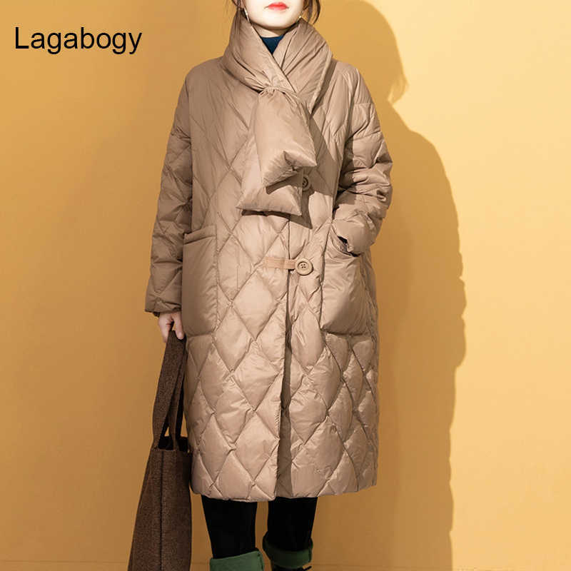 Lagabogy Winter Coat Women White Duck Down Jacket Female Casual Long Parkas With Scarf Warm Loose Snow Coat 210930