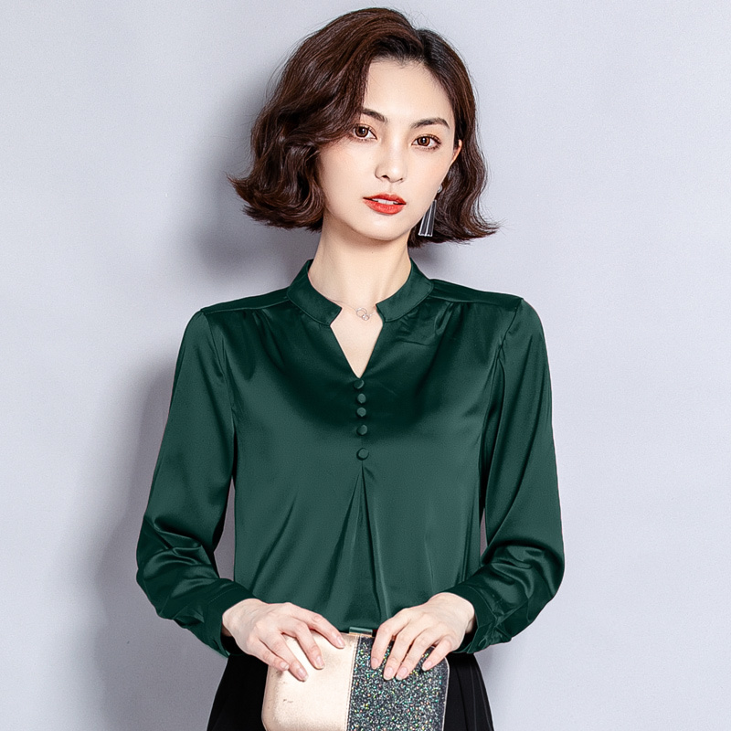 Fashion Autumn Women Silk Shirts Elegant Women Satin Blouse Shirt Woman V Neck OL Shirt Plus Size Womens Tops and Blouses Blouse 210225