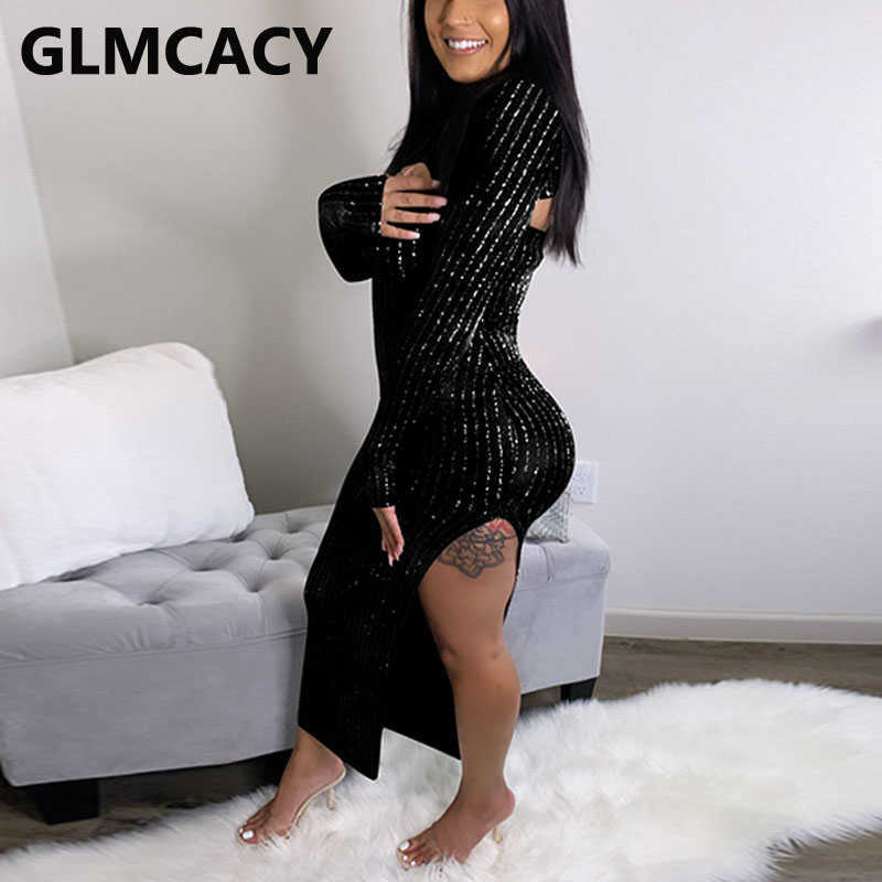 Women Glitter Striped Velvet Dress Sexy Evening Party Club Slit Dress 210702