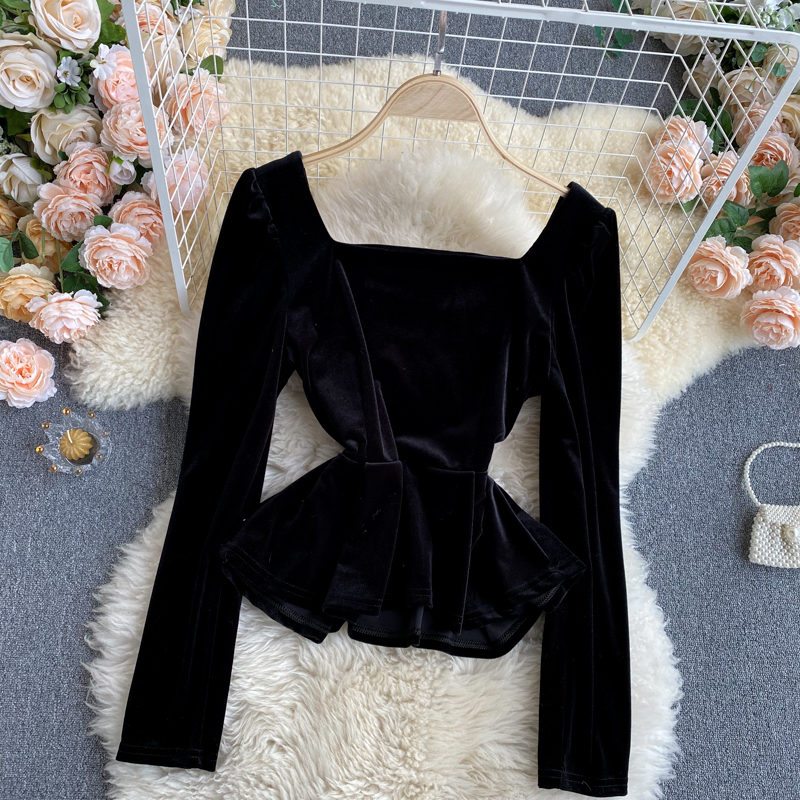 Lady New Fashion Square Collar Slim Retro Velvet Long Sleeve Tops Women Solid Color Casual Clothes Camisas Mujer Q760 210225