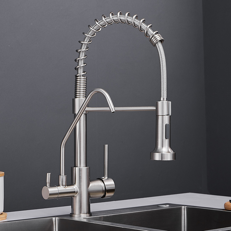 2021 New Nickel Pull Down Faucet Dual Spouts 360 Swivel Handheld Shower Kitchen Mixer Crane Hot Cold 2 Outlet Spring Taps 7b23
2021 New Nickel Pull Down Faucet Dual Spouts 360 Swivel Handheld Shower Kitchen Mixer Crane Hot Cold 2 Outlet Spring Taps 7b23