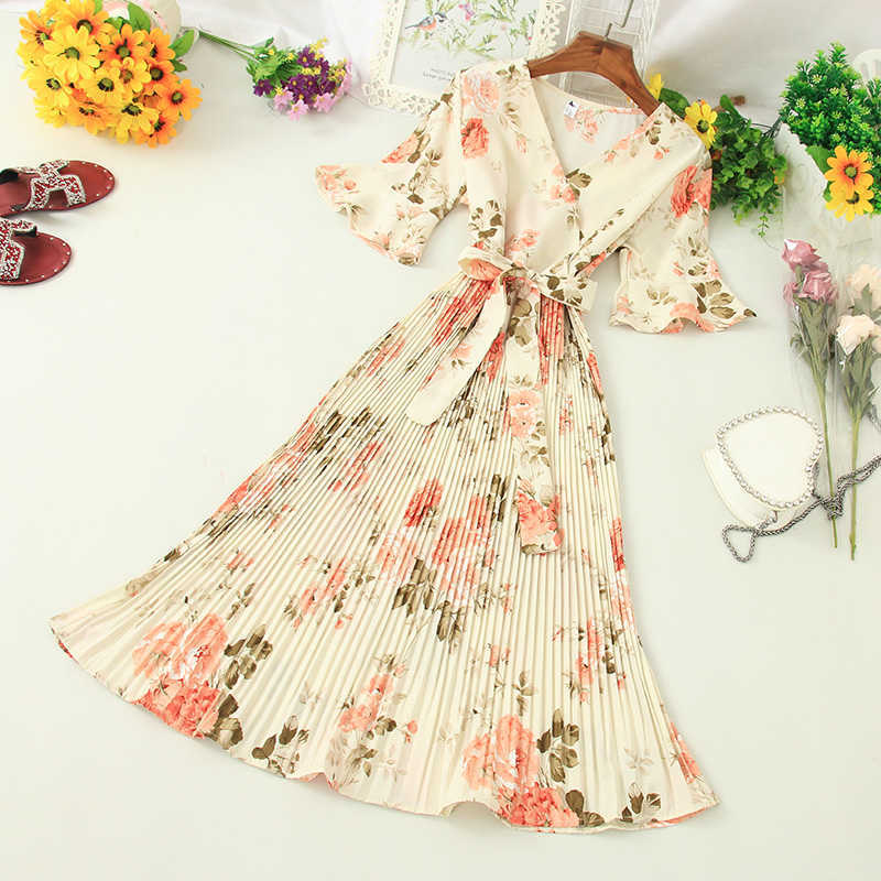 Ly Varey Lin Summer V Neck Flare Sleeve Chiffon Dress Women Vintage Floral Print High Waist Lace-up Pleated Midi Vestidos 210526