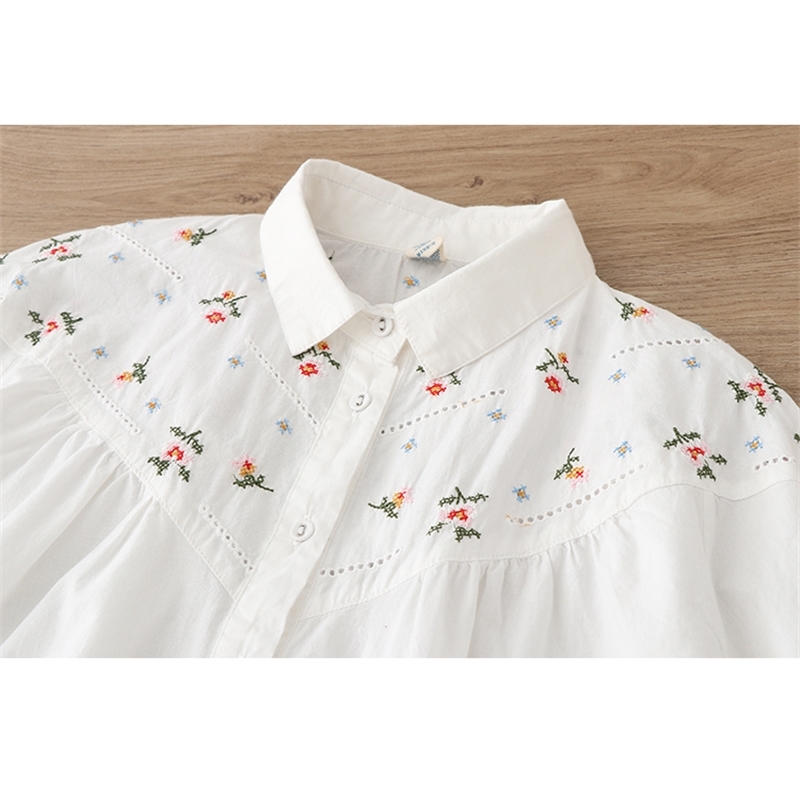 Lamtrip Flowers Embroidery Plaid White Cotton Long Sleeve Shirt Blouse Mori Girl 210225