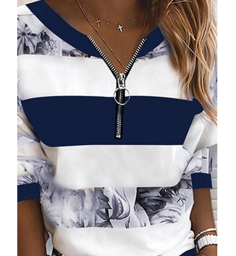 Women's Blouse Shirt Striped Color Block Long Sleeve Print V Neck Tops Basic Top Blue Yellow Blushing Pink 210225