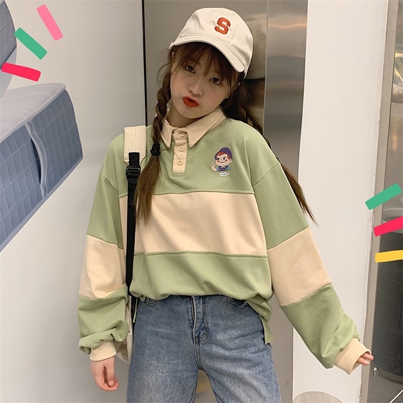 Autumn Winter Women's Sweatshirts Polo Korean Casual Cartoon Print Preppy Style Patchwork Loose Oversized Women Sweatshirt 201209