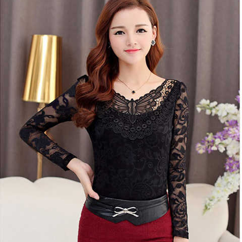 S-5XL Plus Size Spring Summer Fashion Women Elegant Black Lace Blouse Shirt Long Sleeve Sexy Top Women Plus Size Clothing DF2313 210225