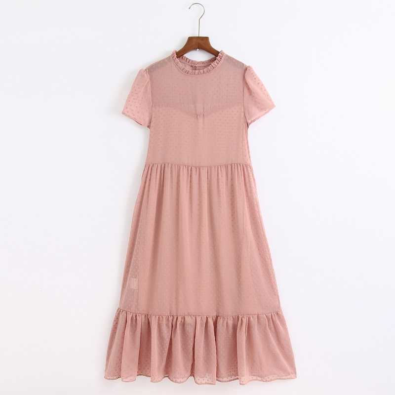Women Long Dress Spring Fashion Flocking Polka Dot Short Sleeve Transparent Material Modern Lady Black Dresses 210602