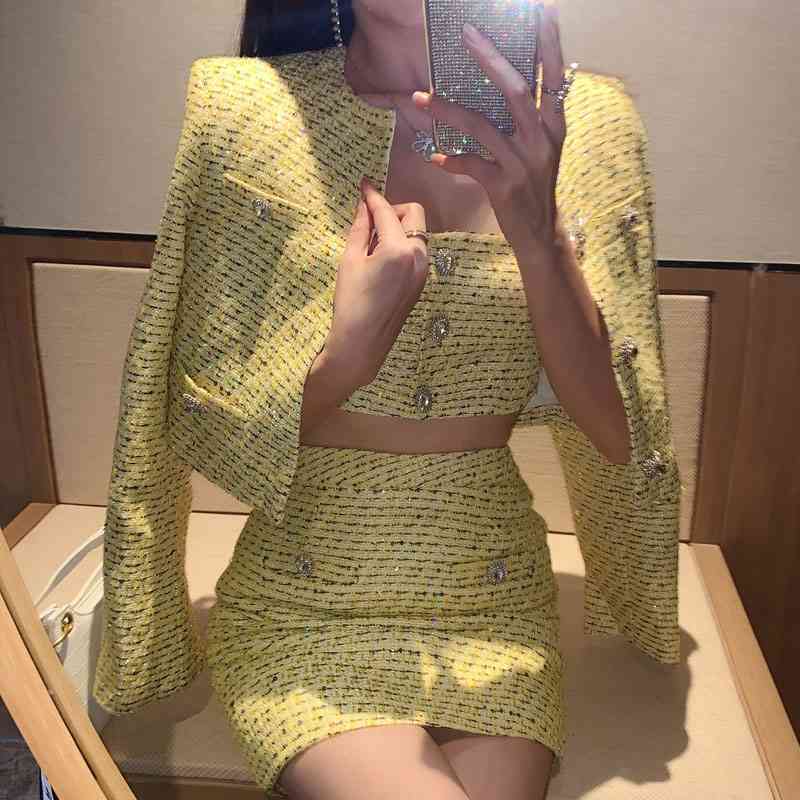 3 Pcs Set Skirt Blazer Women's Suit O-Neck Sequined Striped Diamonds Buttons Camis Office Ladies Jackets Blazers Skirt Set 210708