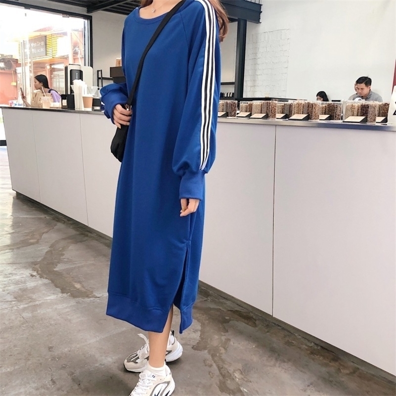 Women Autumn Long Hoody Dress Straight Long Sleeve Striped Loose Oversized Casual Split Femme clothes 201103