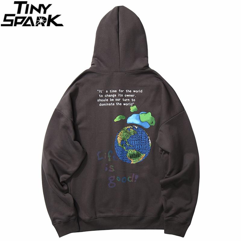 Hip Hop Streetwear Hoodies Sweatshirt Globe Print Men Harajuku Pullover Hoodie Winter Fleece Cotton Autumn Sweatshirt Loose 201020