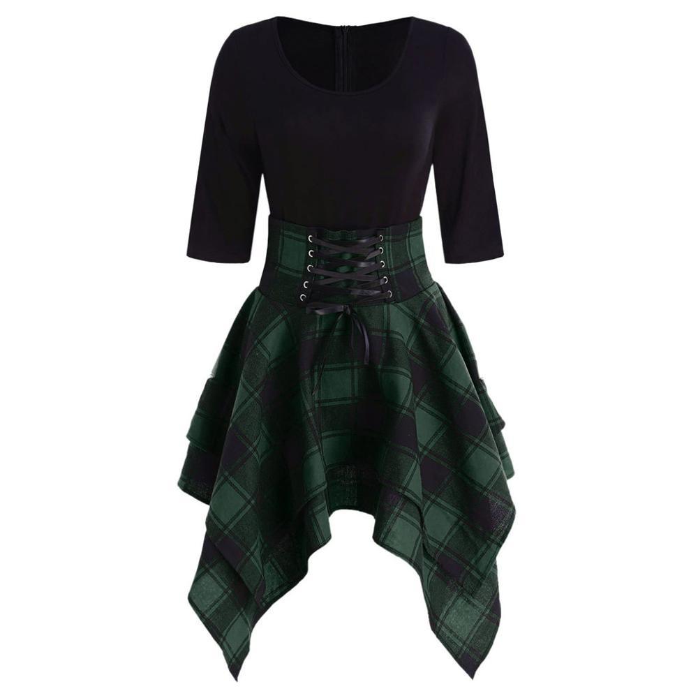 Gothic Plaid Mini Dress Women Preppy Sexy High Waist Asymmetric Casual Female Elegant Goth Punk Short Party Dresses Vestidos 210309