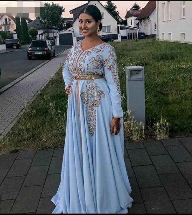 light Blue Moroccan caftan Evening Dresses V Neck long sleeves Crystal Algeria Arabic Muslim Special Occasion Dresses Party Gowns