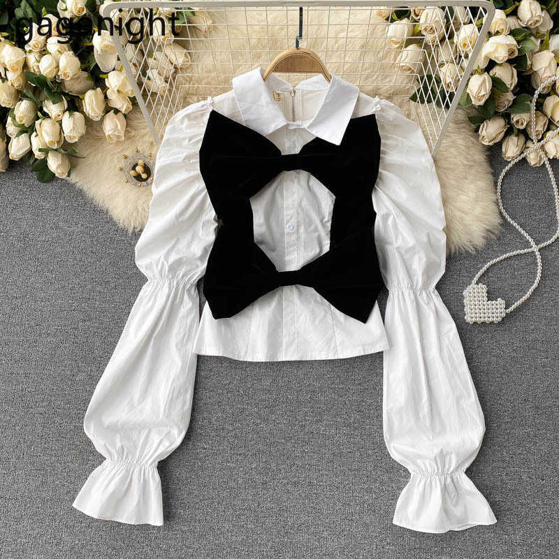 Fashion Slim Women Shirts Big Bows Single Breasred Back Zippers Lady White Turn-down Collar Lantern Sleeve Blouse 210601