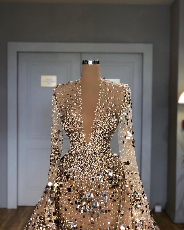 Plus Size Arabic Aso Ebi Gold Luxurious Sparkly Prom Dresses Beaded Crystals Sequins Evening Formal Party Second Reception Gowns Dress ZJ433