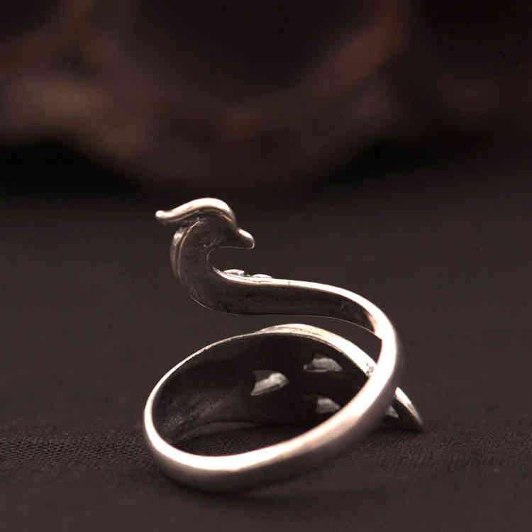 925 Silver Elegant National Style Animal Peacock Ring Temperament Phoenix Feather Opening Adjustable