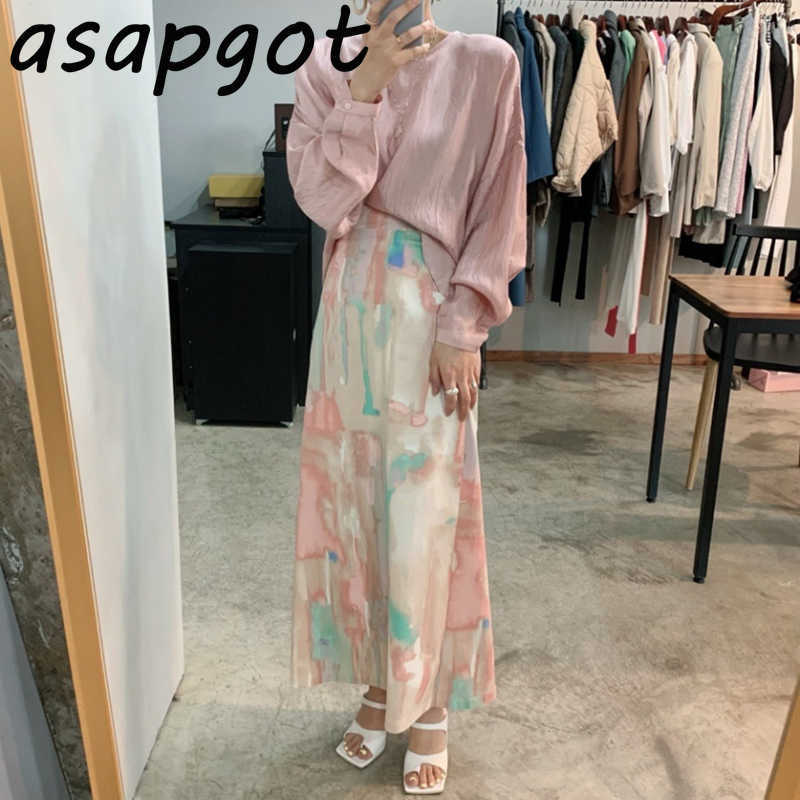 Gentle O Neck Thin Pleated Puff Long Sleeve Blouse Autumn Slim High Waist Color Graffiti Skirt Fashion Retro Office Lady 210708