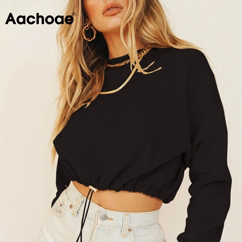 Aachoae Solid Casual Pullover Sweatshirt Women Batwing Long Sleeve Loose Sports Style Cropped Tops O Neck Tracksuit Hoodies Lady 201030