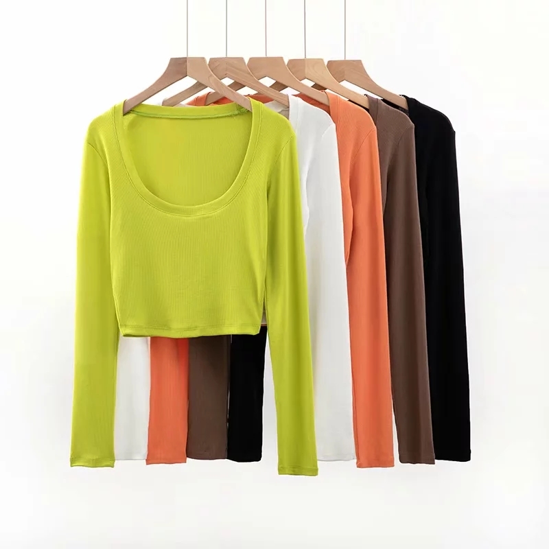 Women Scoop Neck Ribbed Crop T-shirt With Long Sleeve Cropped Top 210302