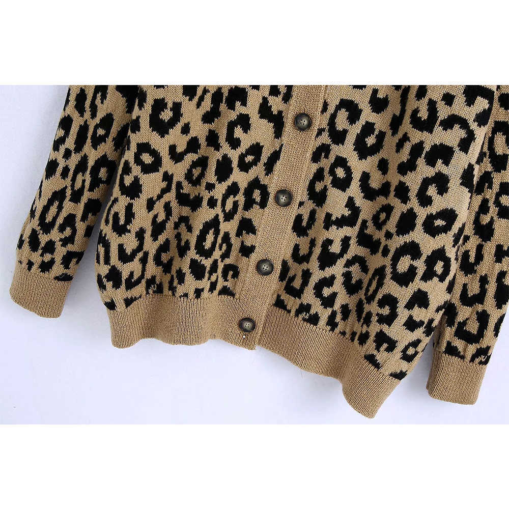 Fall Winter Women Knit Cardigan Lepard Printed V-neck Long Sleeves Sweater Casual Fashion Chic Woman Knitted Coat 210709