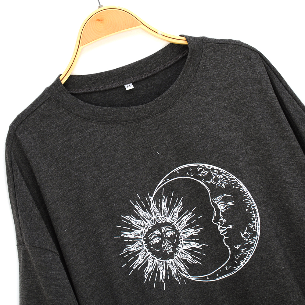 Women Fashion Casual Sun Moon Print Loose Short Sleeve Long T-shirt Ins Vintage Women Summer Oversize Tee Shirts Tops 210306