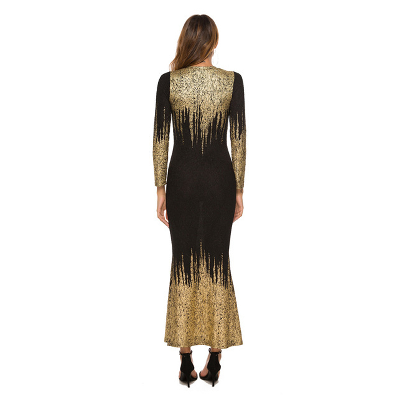 Autumn Winter Dress Women Elegant Gold Foil Slim Long Dress Fashion Bronzing Foam Long Sleeve ONeck Dresses Female High Quality 201008