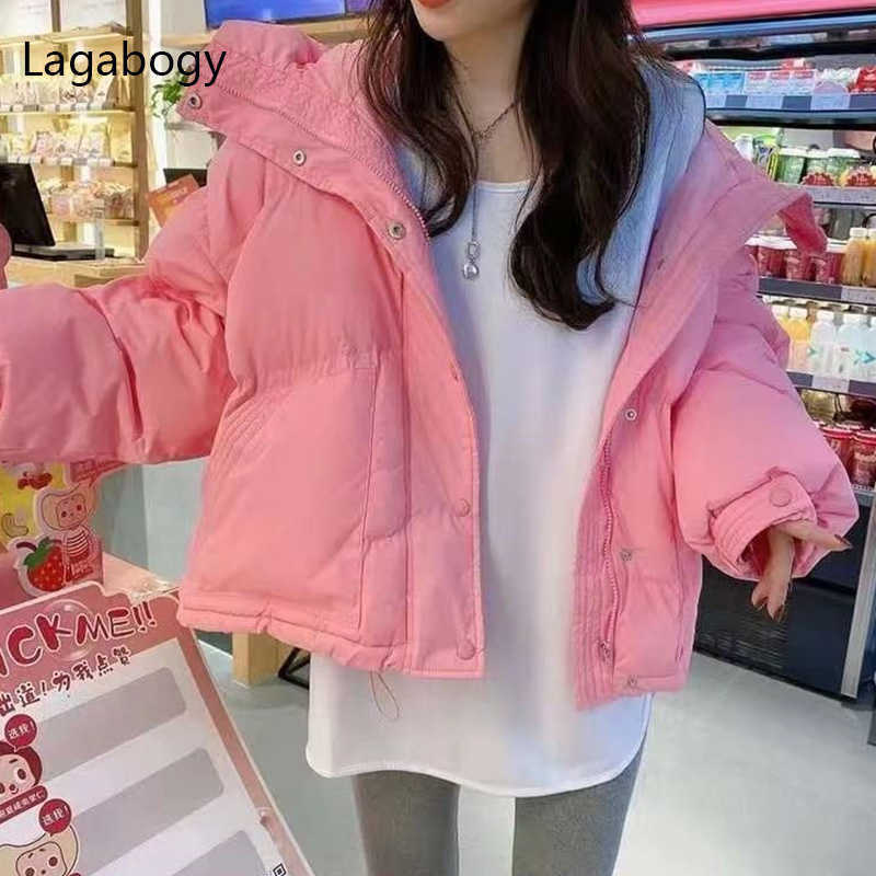 Lagabogy Winter Women 90% White Duck Down Coats Casual Candy Color Warm Bread Jackets Female Hooded Loose Snow Outwear 211018