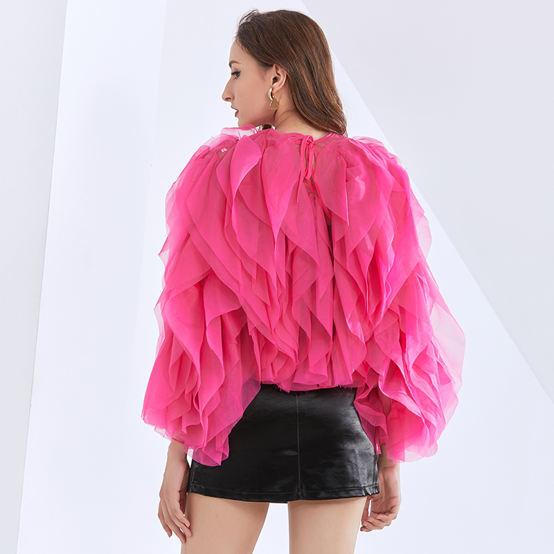 TWOTWINSTYLE Patchwork Ruched Shirt For Women O Neck Lantern Sleeve Casual Elegant Black Blouse Female Fashion New Clothing 210225