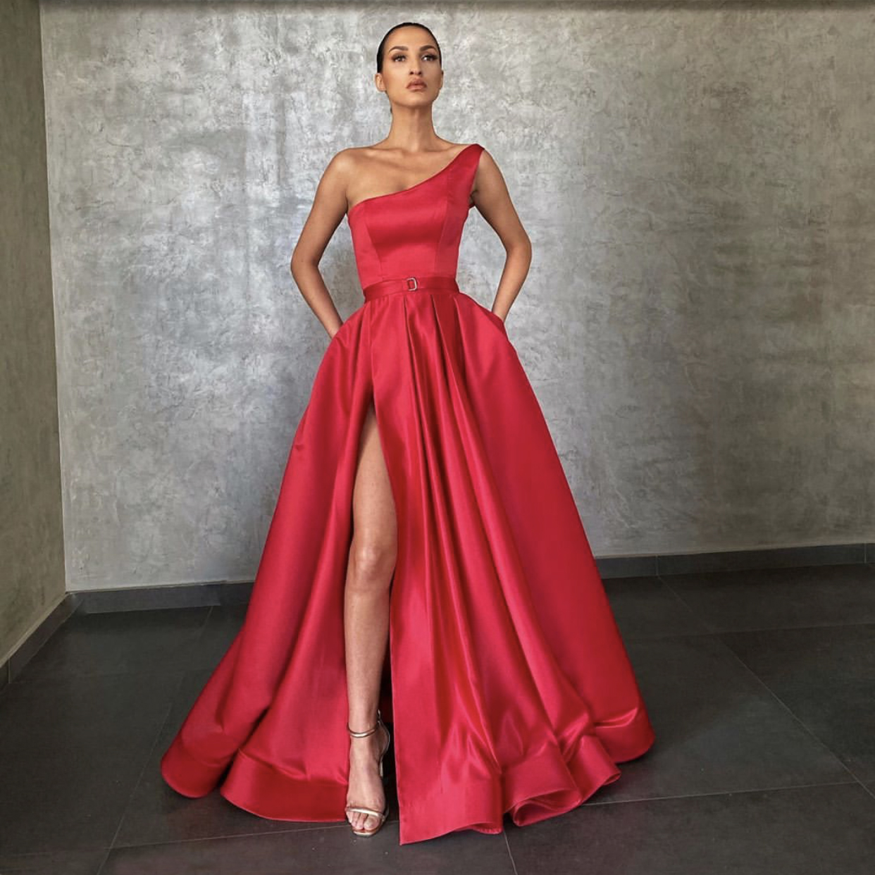 Red Evening Dresses 2021 With Dubai Middle East High Split Formal Gowns Party Prom Dress Sash Plus Size Vestidos De Festa Red Carpet