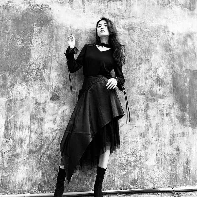 LANMREM Spring Autumn PU Leather Skirt In The Long Section Of High Waist Aline Long Irregular Mesh Skirt 19Ba444 210306