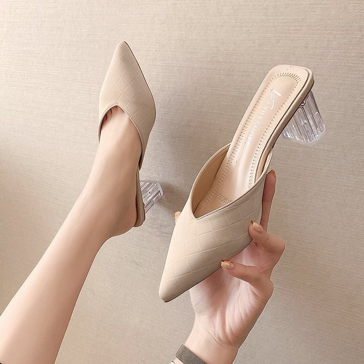 luxury slippers baotou semi drag summer wear high-ed thick pointed women's sho 2021 korean heel slippers, Black 
luxury slippers baotou semi drag summer wear high-ed thick pointed women's sho 2021 korean heel slippers, Black