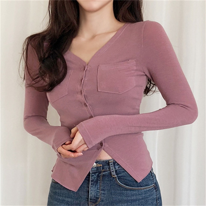 New Autumn T Shirt Women Basic Tshirts Female Casual Tops Long Sleeve Sexy Thin Tshirt buttons vneck pink cardigan T200319