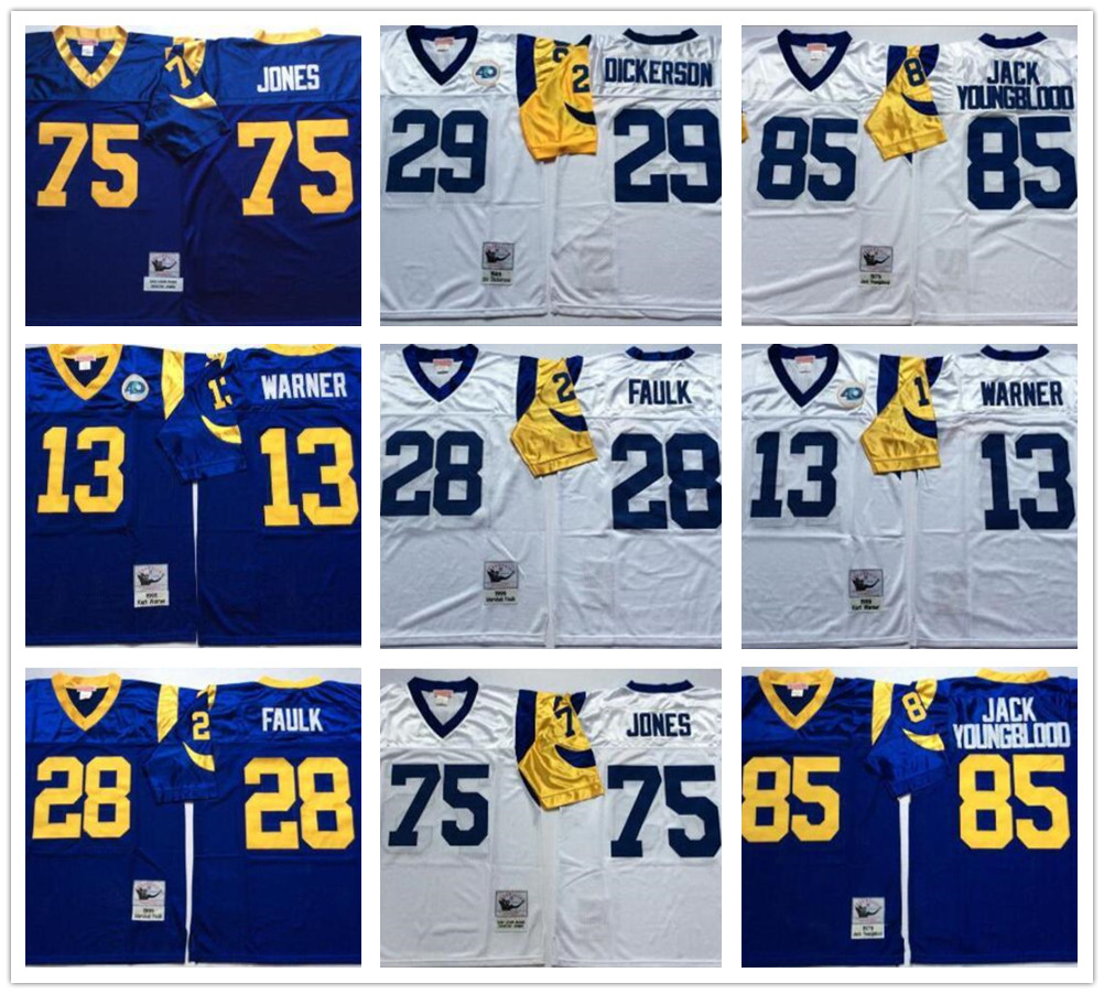 NCAA Football 29 Eric Dickerson 13 Kurt Warner 28 Marshall Faulk Jersey 85 Jack Youngblood 75 Deacon Jones Blue White Mans Vintage, As shown in illustration
NCAA Football 29 Eric Dickerson 13 Kurt Warner 28 Marshall Faulk Jersey 85 Jack Youngblood 75 Deacon Jones Blue White Mans Vintage, As shown in illustration