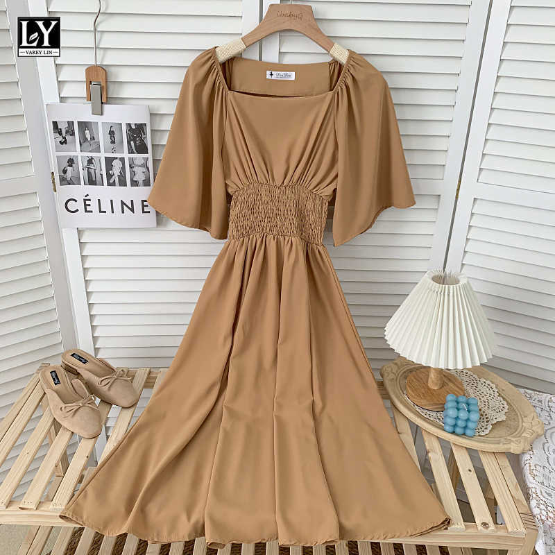 LY VAREY LIN Summer Women High Waist A-line Solid Color Medium Long Dresses Casual Square Collar Flare Sleeve Female 210526