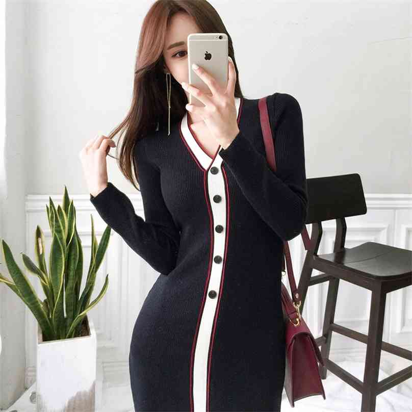 winter han edition temperament v-neck cultivate one's morality fashion color matching buttons knitting bag hip sweater dress 210602, Black
winter han edition temperament v-neck cultivate one's morality fashion color matching buttons knitting bag hip sweater dress 210602, Black