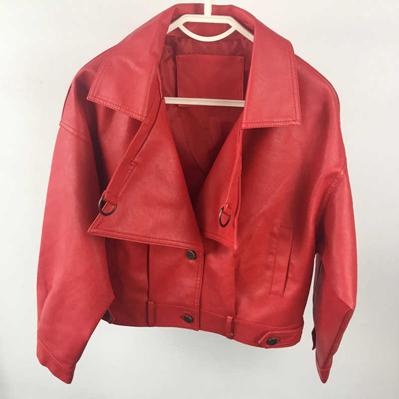 Women Faux Leather Jacket With Batwing Sleeve Soft Female Biker Coats Short Zipper Motorcycle Pu Red Jacket Punk Coats Outwear 211011