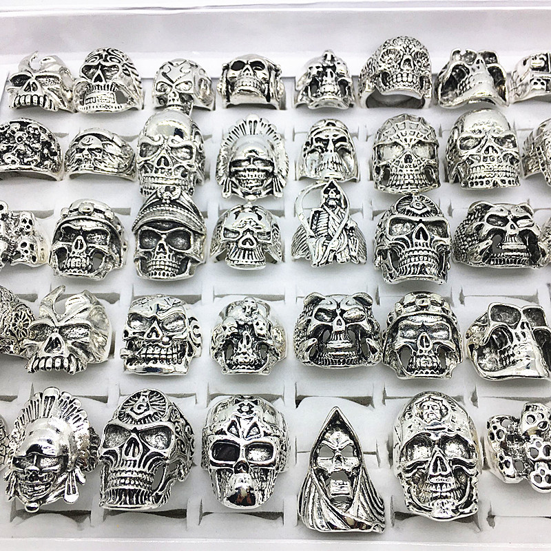 30pcs skull rings men punk rock silver metal women bikers skeleton rings vintage jewelry gifts patry whole lots bulk brand new