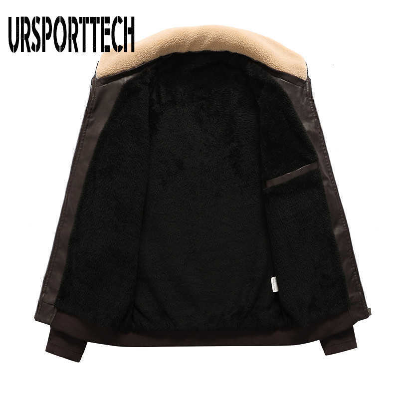 URSPORTTECH Mens Leather Jacket Winter Casual Thick Fleece Men Motorcycle PU Jacket Biker Leather Coats Fur Collar Multi-pockets 210528