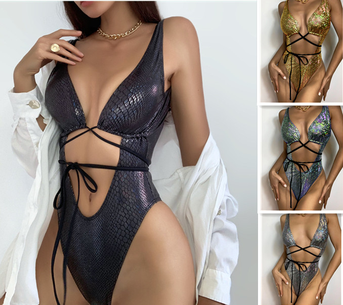 2021 Women' summer sexy beach bikini one-piece swimsuit backless sleeveless European and American PU leather tie up Swimwear bathing suit, Gold
2021 Women' summer sexy beach bikini one-piece swimsuit backless sleeveless European and American PU leather tie up Swimwear bathing suit, Gold