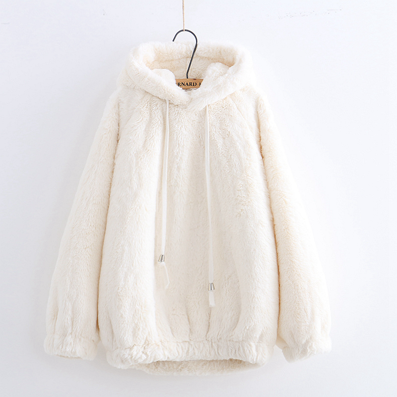 Harajuku Kawaii Plush Hoodie Soft Winter Pullover Women Sweatshirt With Bear Ears Cute Solid Outerwear Hoodies sweatshirts 201102