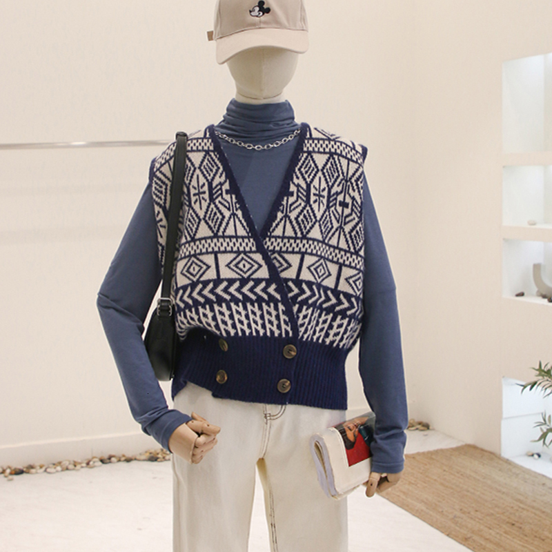 2021 New Autumn Vintage Argyle Sleeveless Knit Sweater Women Casual v Neck Vest Female Double-breasted Cardigan Tank Tops Yitl, As picture
2021 New Autumn Vintage Argyle Sleeveless Knit Sweater Women Casual v Neck Vest Female Double-breasted Cardigan Tank Tops Yitl, As picture