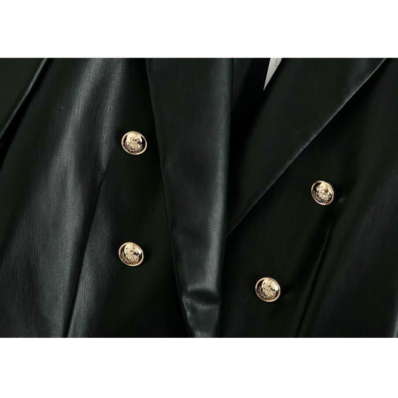 Women 2021 Fashion Double Breasted Faux Leather Blazers Coat Vintage Long Sleeve Back Vents Female Outerwear Chic Tops