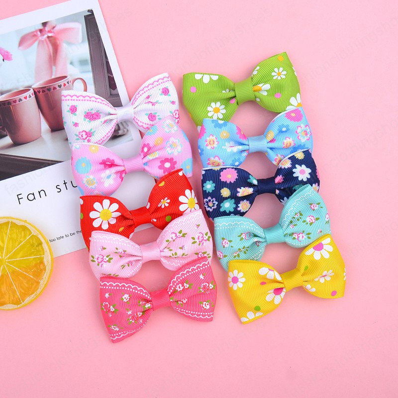 20 Color Printed Floral Hair Clip Bowkont Grosgrain Ribbon Hair Bows for Girl Kids Handmade Hairgrips Headwear Hair Accessories