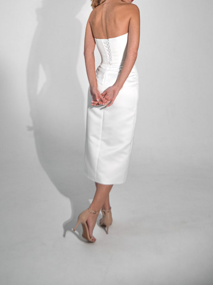 Sexy White Cocktail Dress Party Gown Strapless Lace-up Back Tea Length Side Split