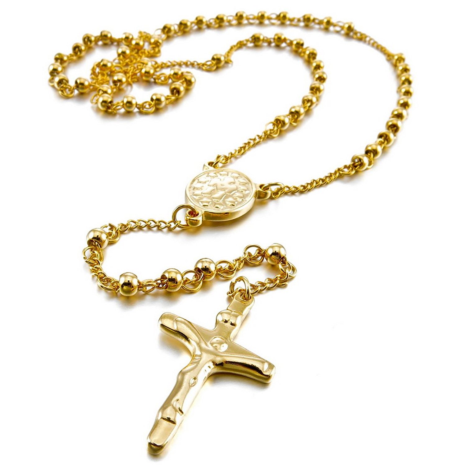 Men's Women's Stainless Steel Pendant Necklace Christ Jesus Crucifix Cross Rosary Beads Ball Chain