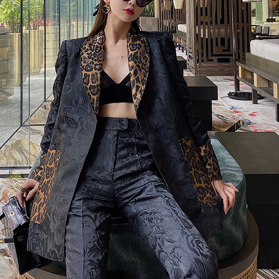 Summer Suit High Quality Leopard Print Lapel Belt Blazer + Jacquard Long Two-Piece Pants Sexy Office Lady Set 210527