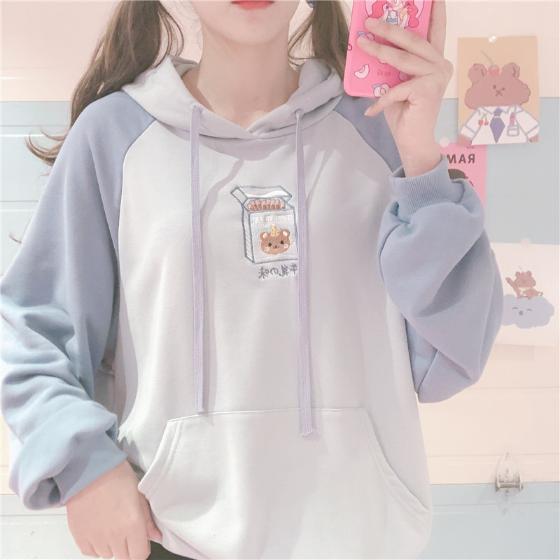 Japnaese Soft Girl Cute Cartoon Embroidery Patchwork Hooded Tops Hoodies Small fresh Harajuku Women's Loose Students Sweatshirt 201204