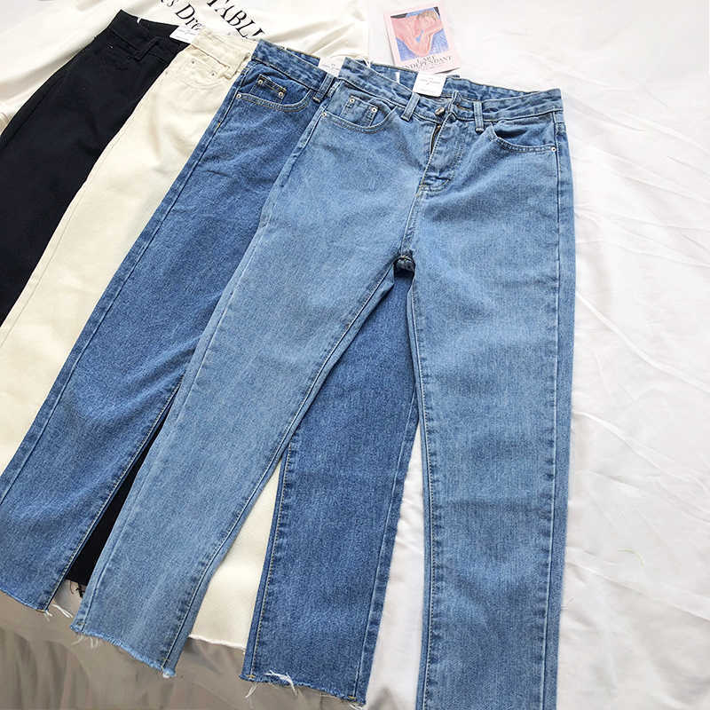 Boyfriend Jeans for Women High Waist Dark Blue Denim Clothing Street Chic Straight Pants Female Summer Cloth Vintage Trousers 210922