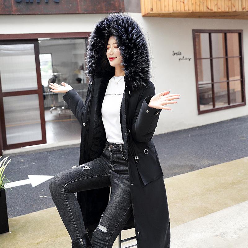 Women's Down & Parkas Long Cotton Jacket Below The Knee Slim Fit Fur Collar Fleece Cotton-Padded Coat Winter Windbreaker