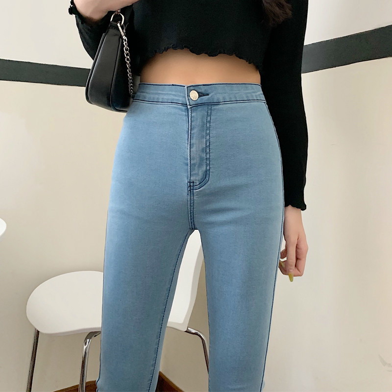 Tonglord Women's Stretch High Waist Jeans Autumn Skinny Trousers Woman Black Blue Gray Washed Pencil Pants Elastic Denim Pants 210222