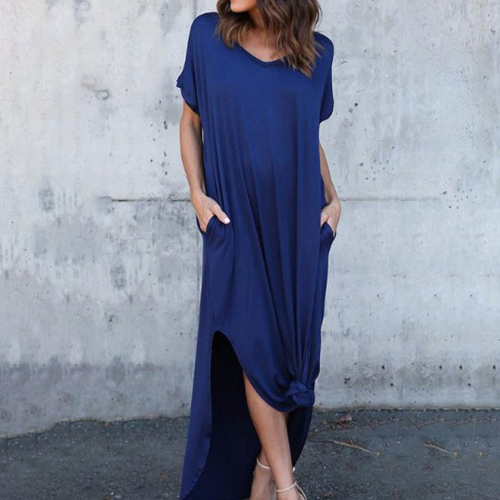 Jocoo Jolee Women Plus Size 5XL Long Dress Vintage Short Sleeve Solid Maxi Dress Casual T Shirt Dress Summer Loose Sundress 210309